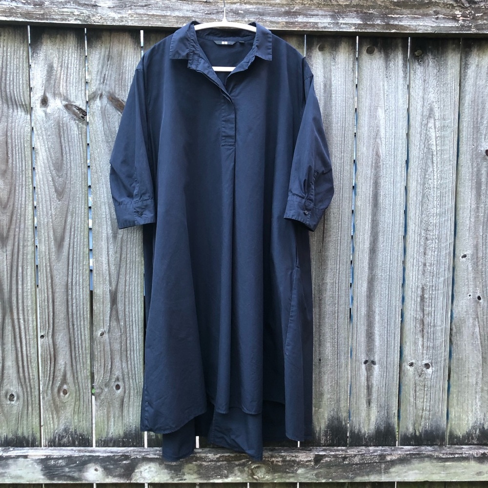 Uniqlo Midi Shirt Dress 100% Cotton Navy Size L Modern Minimalist Pockets